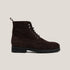 A dark brown suede lace-up boot with a round toe and a flat sole.