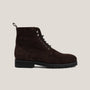 A dark brown suede lace-up boot with a round toe and a flat sole.